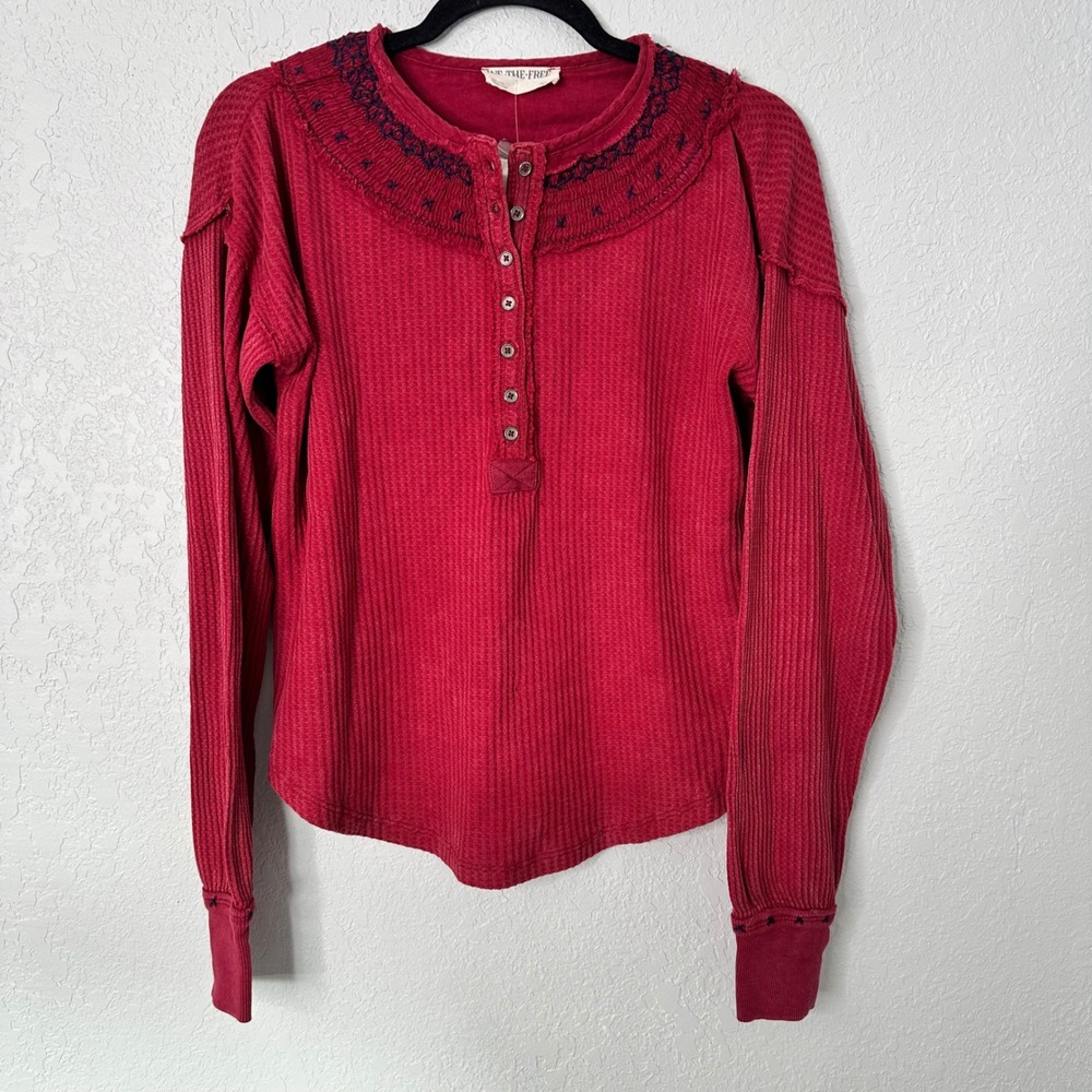 Free People Holly Henley top Aged Red Embroidered Collar Up‎ Long Sleeve XS